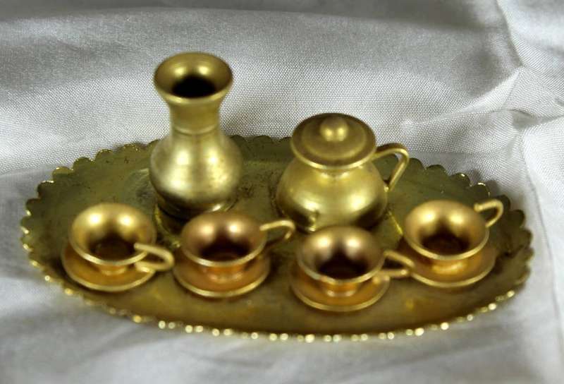 Miniature brass tray with cups & water jug
