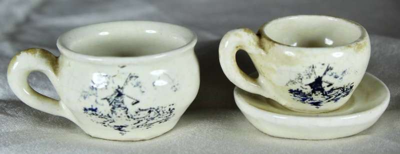 Miniature porcelain blue & white cup, saucer & mug