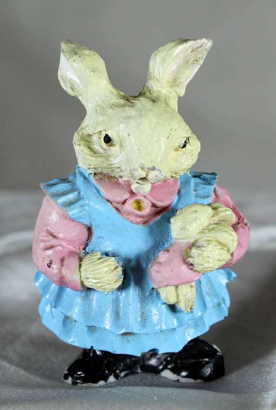 Miniature bunny In blue dress with doll