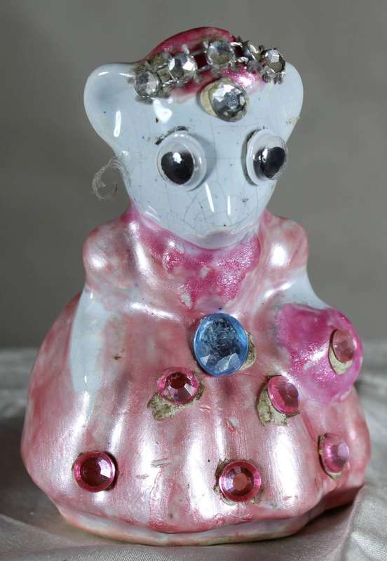 Googly eyed mouse in pink dress