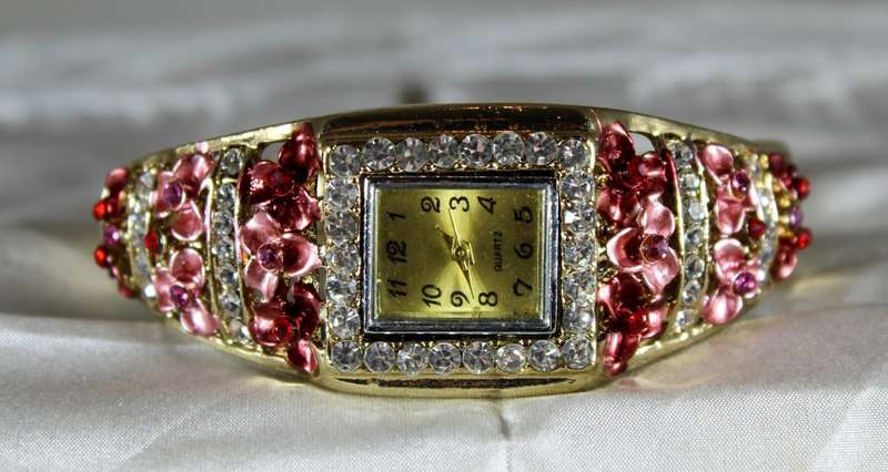 Quartz - Costume Bangle Watch with Red and Pink Stones and Diamante - A stunner!