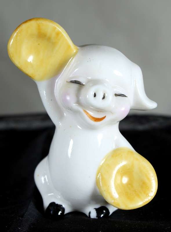 Vintage porcelain miniature musician pig - playing the cymbals