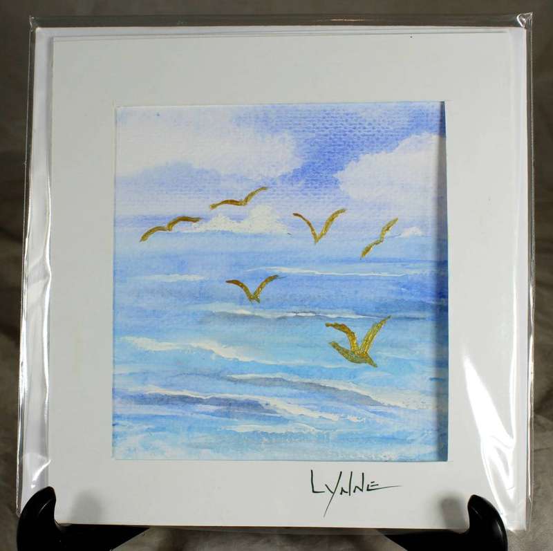 Lynne Jackson - golden birds over the ocean - watercolor greeting card