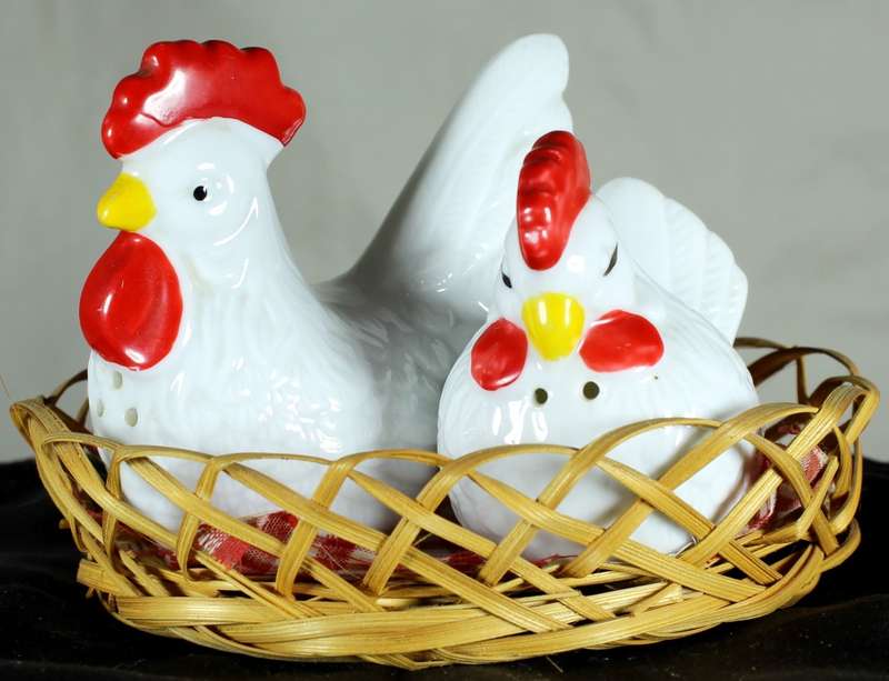 Character Salt & Pepper Set - Hen & Rooster in Basket