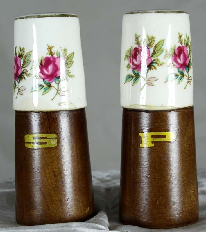 Character  Salt & Pepper Set - Wood & Porcelain with Roses
