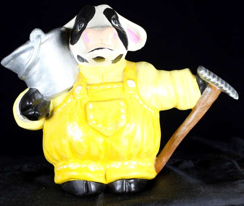 Ceramic Cow Figurine with Rake & Bucket