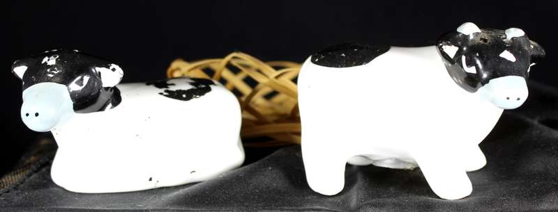 Porcelain Cow Salt & Pepper Set in a Basket