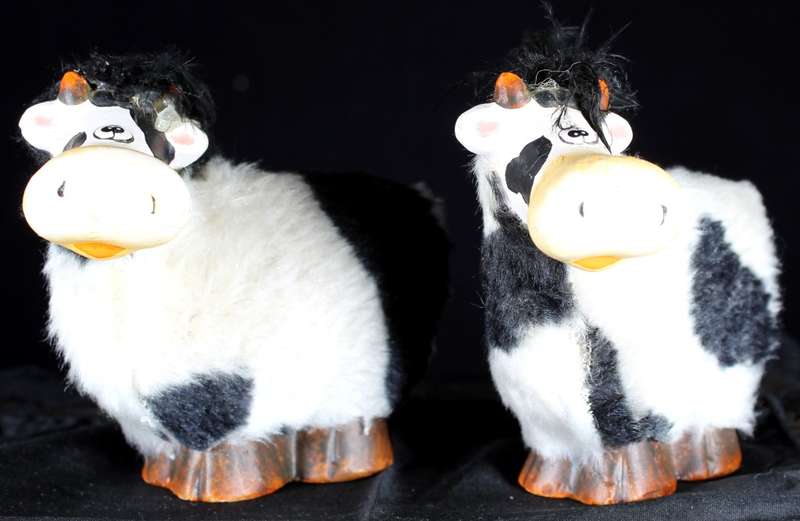 Pair of Ceramic Cows with Wool Coats