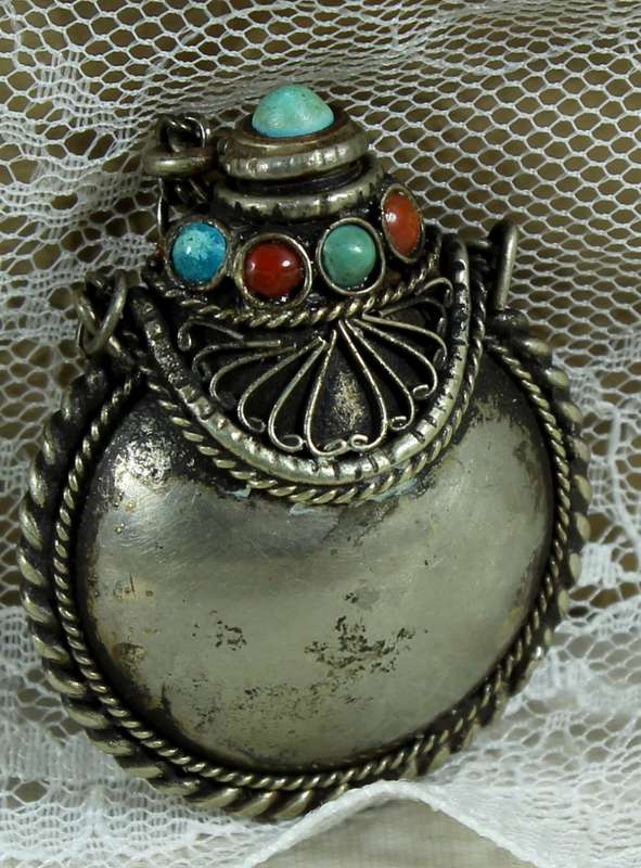 Vintage Perfume Bottle - Filigree Design - Red & Blue Stones - BID NOW!!!