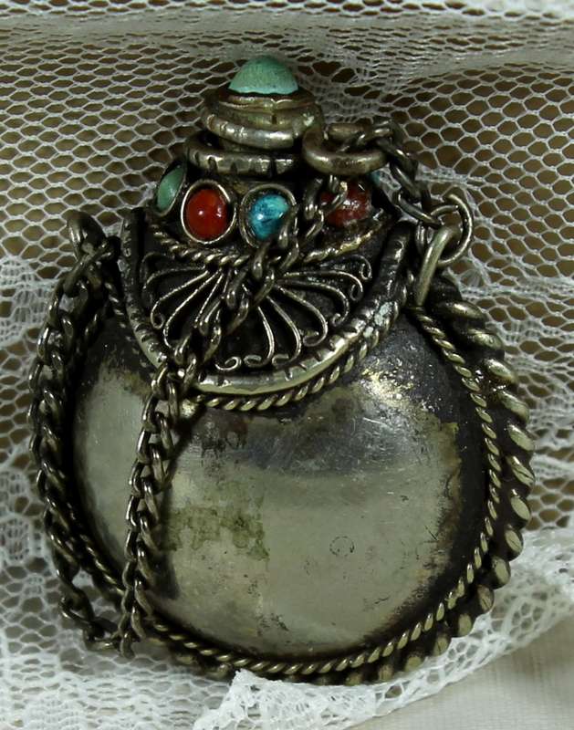 Vintage Perfume Bottle - Filigree Design - Red & Blue Stones - BID NOW!!!