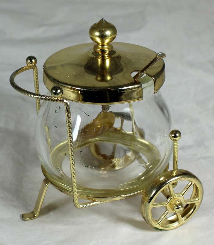Vintage Glass Condiment Holder on Trolley with Spoon