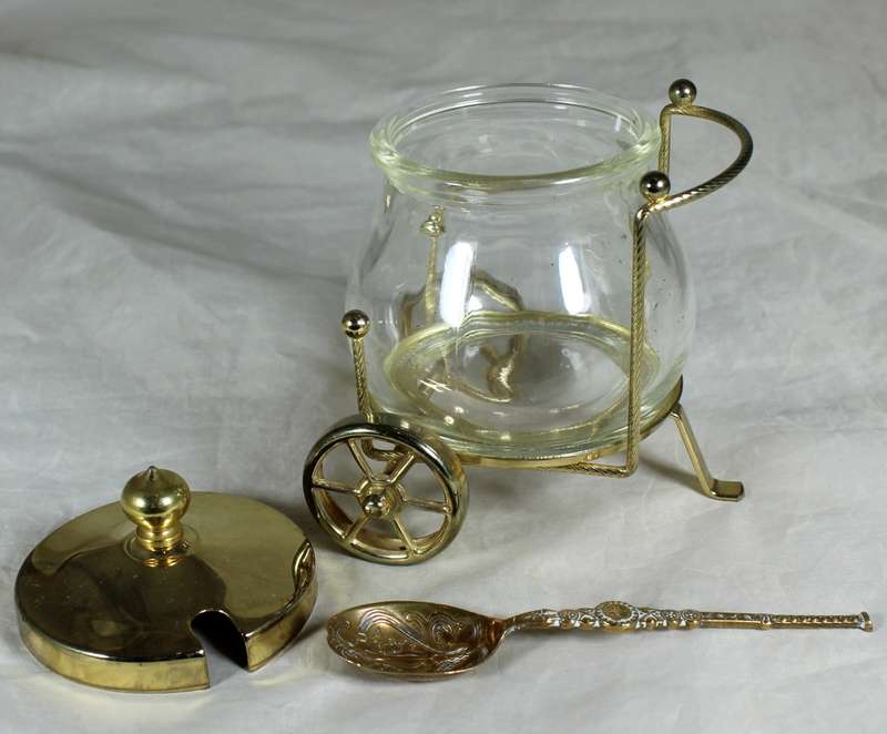 Vintage Glass Condiment Holder on Trolley with Spoon