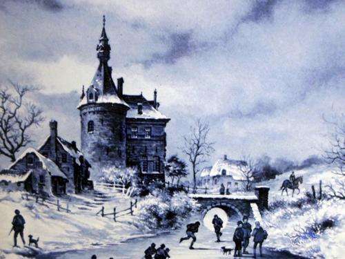 Hand-painted tile - Delft Blue - Castle scene in the winter - A stunning tile!! Bid now!!