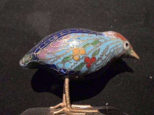 Cloisonne Bird on a wooden scroll base - Magnificent! Have a close look!