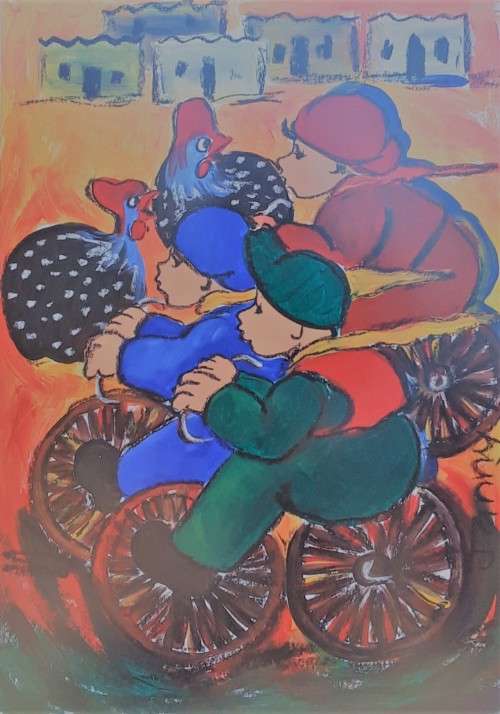 Janny, "Riding Bicycles", mixed media, signed, size 68cm x 54cm with a frame