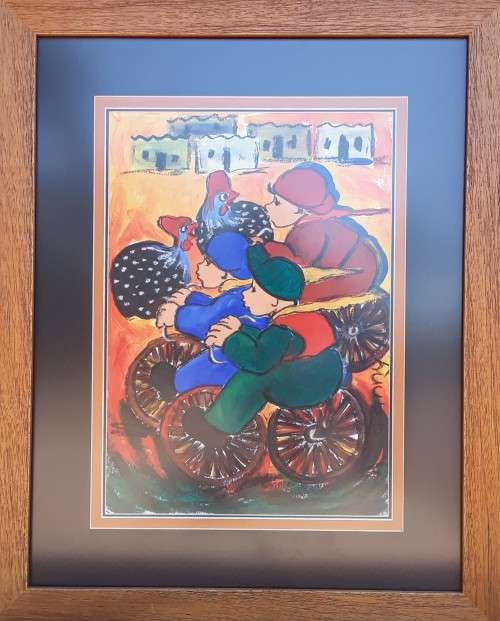 Janny, "Riding Bicycles", mixed media, signed, size 68cm x 54cm with a frame