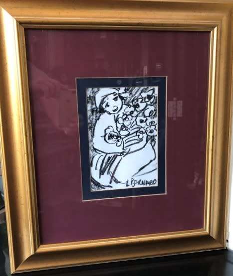 Lynette Barnard, `Young Girl with Flowers`, Monotone, Mixed Media, signed, 51cm x 58cm (with frame)