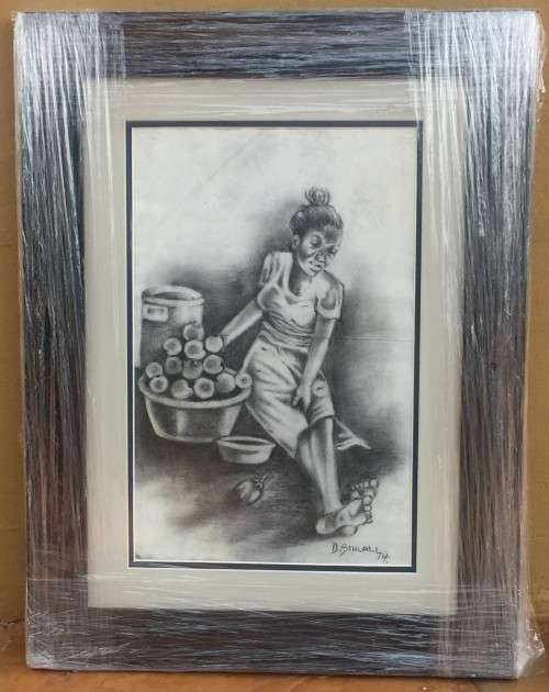 Durant Sihlali, (Original), `The Market Place`, Charcoal artwork,
