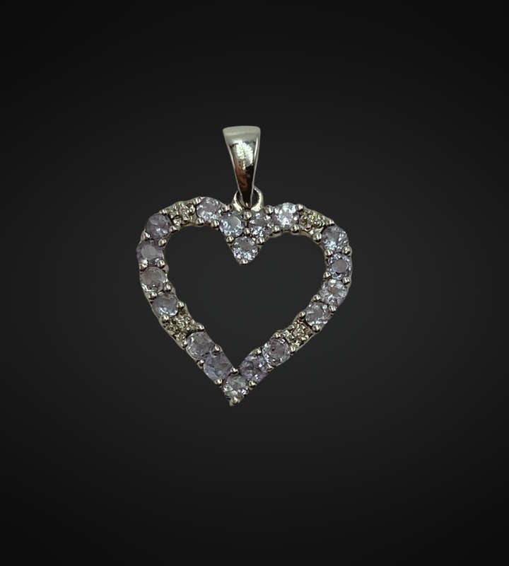 Genuine 9ct White Gold Small Heart Pendant with Tanzanite and CZ Stones - 1.6g, 19mm x 16mm