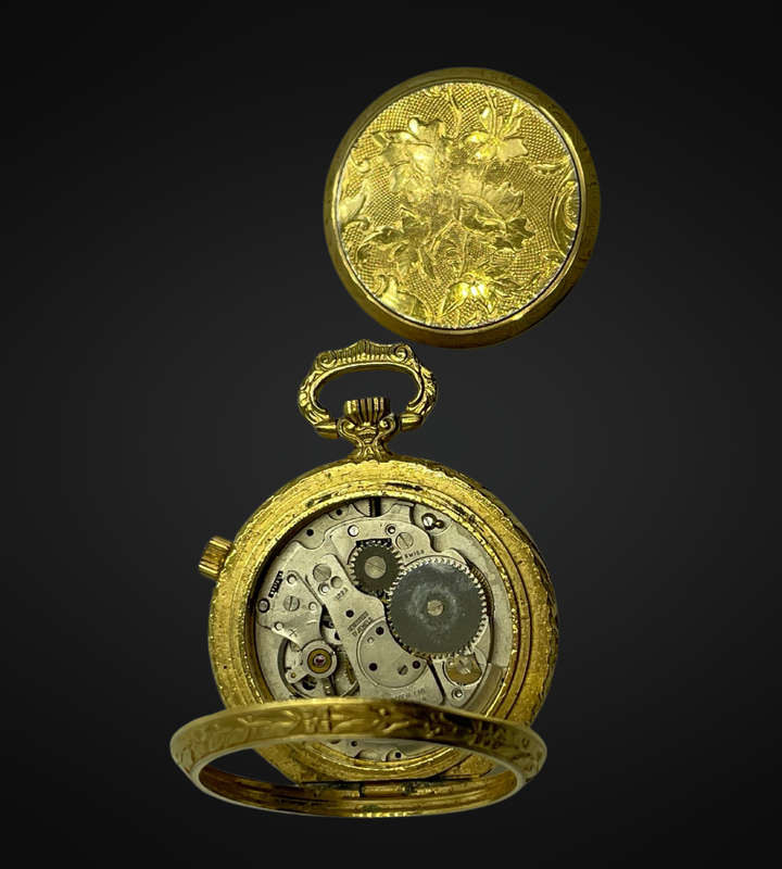 Mentor Swiss Made Pocket Watch Alarm 17 Jewels Gold Tone Ronda 1223