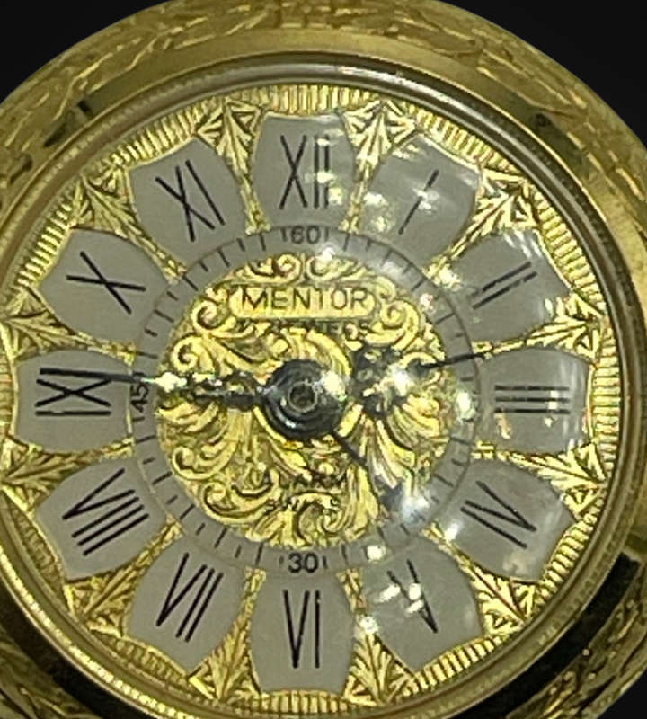 Mentor Swiss Made Pocket Watch Alarm 17 Jewels Gold Tone Ronda 1223