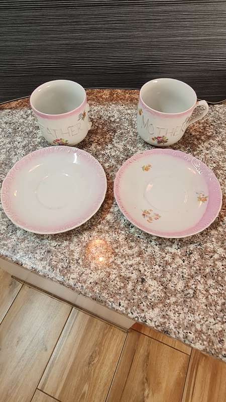 Antique "Father" & "Mother" Moustache Cup and Saucer Pink and Gold