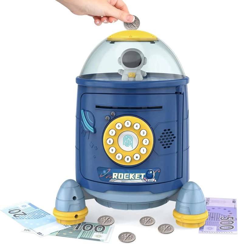 Space bazooka piggy bank automatic roll up piggy bank change box password coin bank cartoon-White