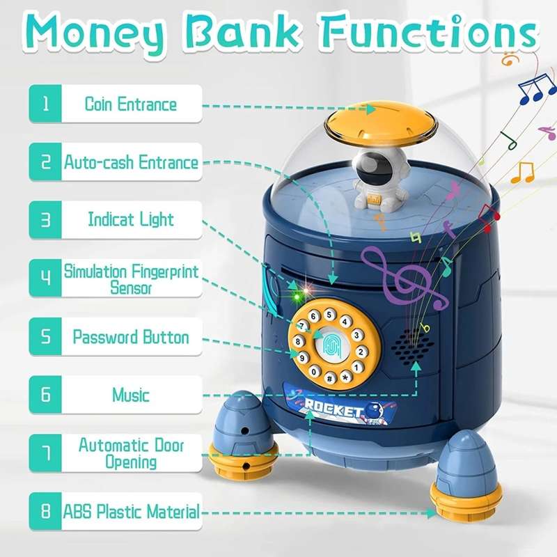 Space bazooka piggy bank automatic roll up piggy bank change box password coin bank cartoon-White