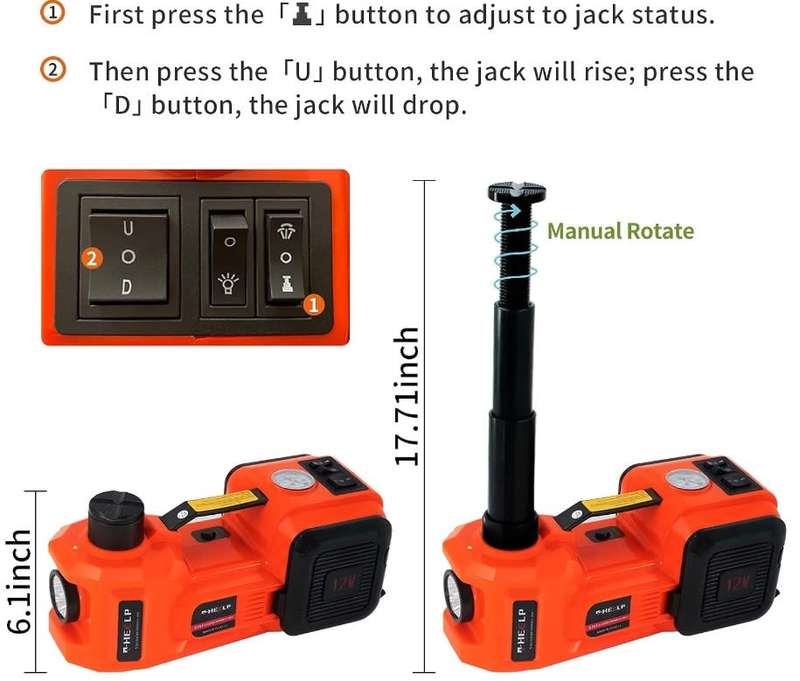Electric Car Jack (5 tons) Hydraulic Car Jack with Tire Inflator and Lights - 4in1