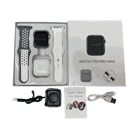 T55 Pro Max Smart Watch with Earbuds & Double Strap - White