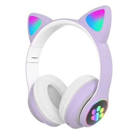 NC Flash Light Cute Cat Ears Wireless Headphones with Mic Cancontrol - Purple