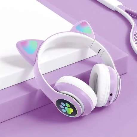 NC Flash Light Cute Cat Ears Wireless Headphones with Mic Cancontrol - Purple