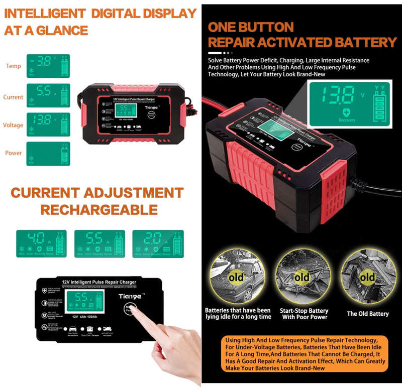 RJtianye Smart Battery Charger 12V 6A Intelligent Pulse Repair Charger