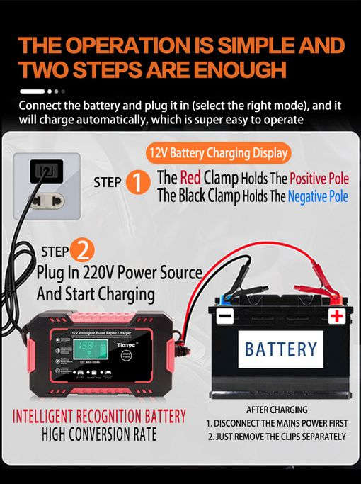 RJtianye Smart Battery Charger 12V 6A Intelligent Pulse Repair Charger