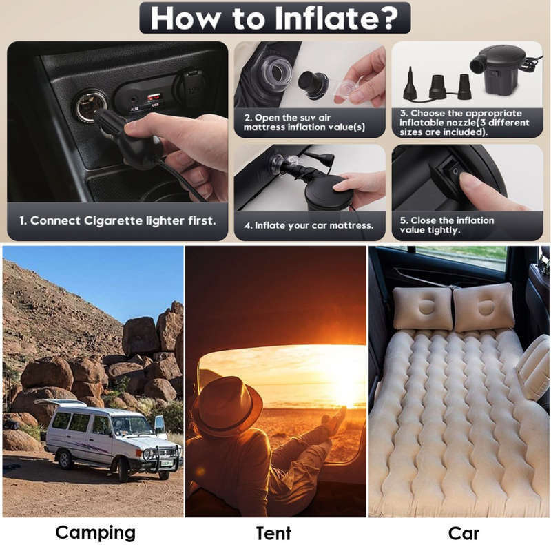 Car Air Mattress Set - Auto Inflatable Car Travel Bed for Sedan SUV Truck - Black