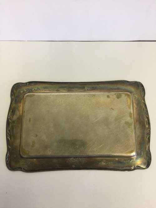 Vintage silver plate tray, small square platter in silver over copper.