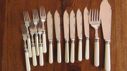 STERLING SILVER BONE HANDLED FISH KNIVES & FORKS SET