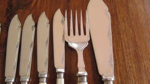 STERLING SILVER BONE HANDLED FISH KNIVES & FORKS SET