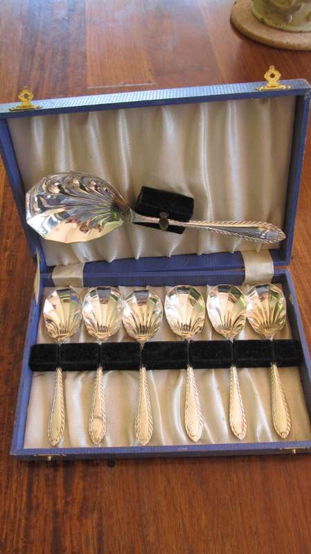 BOXED SET OF 6 SHELL-SHAPED DESSERT SPOONS WITH SERVING SPOON