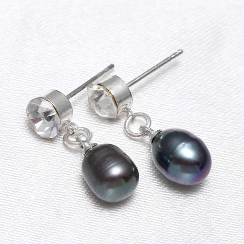 Sparkling 8mm Genuine Cultured Pearl Earrings with Crystals