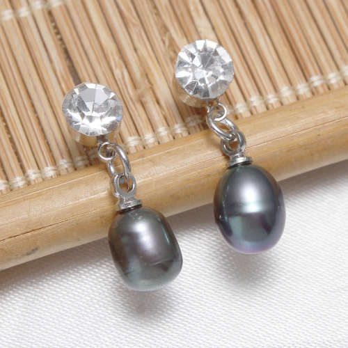 Sparkling 8mm Genuine Cultured Pearl Earrings with Crystals