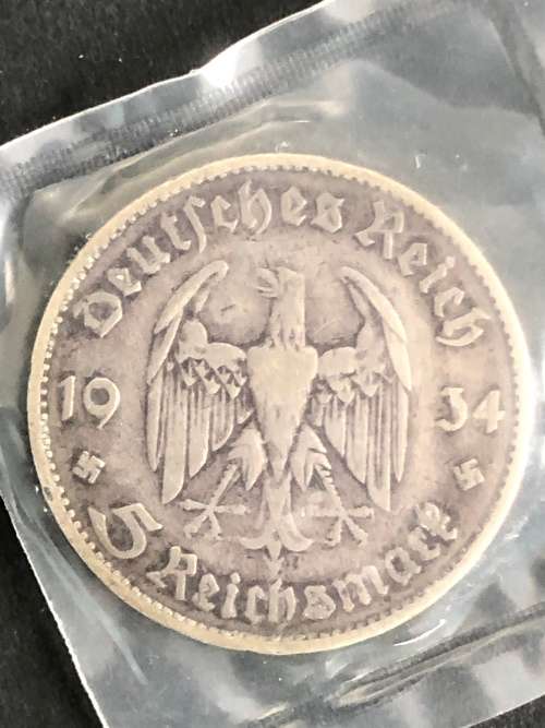 German Reich Coin 1934D 5 Reichsmark Silver