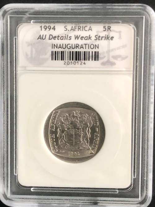 1994 South Africa R5 Coin Graded AU Details Weak Strike Inauguration