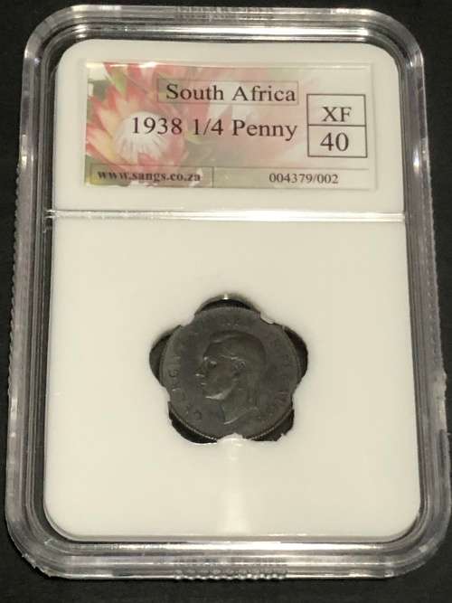 1938 Union of South Africa 1/4 Penny Graded XF 40 Coin