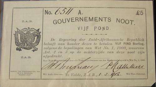 Gouvernements Noot Te Velde Five Pound 1st March 1902 HIGH GRADE