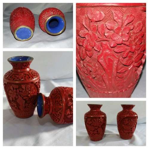 A set of Vintage Chinese Cinnabar laquer carved vases with floral motif - see pics.