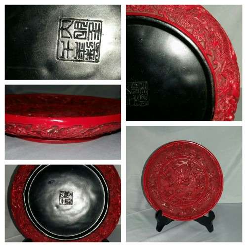 A Vintage Chinese Cinnabar lacquer carved plate with a dragon motif - see pics.