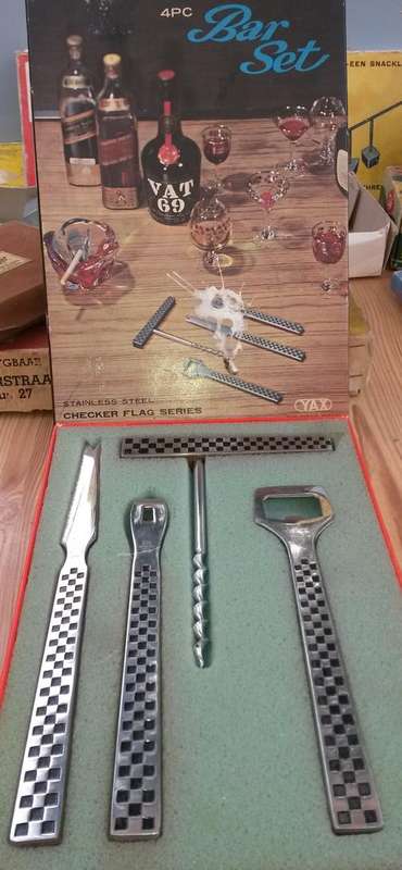 4Pc Bar set- Checker flag series-In original box - great buy- See photos.