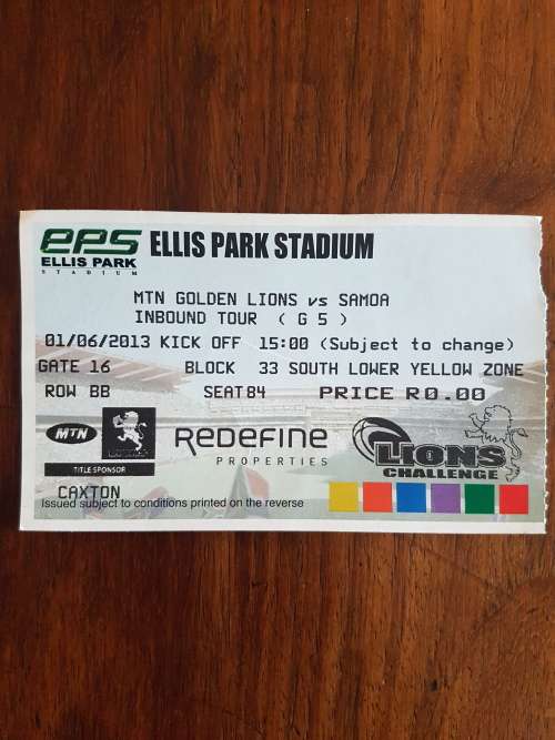 Golden Lions Vs Samoa Inbound Tour Ellis Park 01/06/2013 Ticket Stub