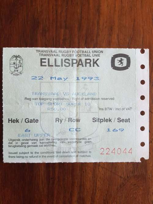 TRFU Ellispark Topsport Super 10 Final Transvaal Vs Auckland 22 May 1993 Ticket Stub